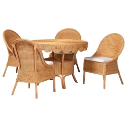 bali & pari Tyrone 5-Piece Rattan Dining Set - Round Wicker Table with Scallop Edge and 4 Side Chairs, Handwoven Boho Coastal Style for Dining, Kitchen or Sun Room, Light Honey